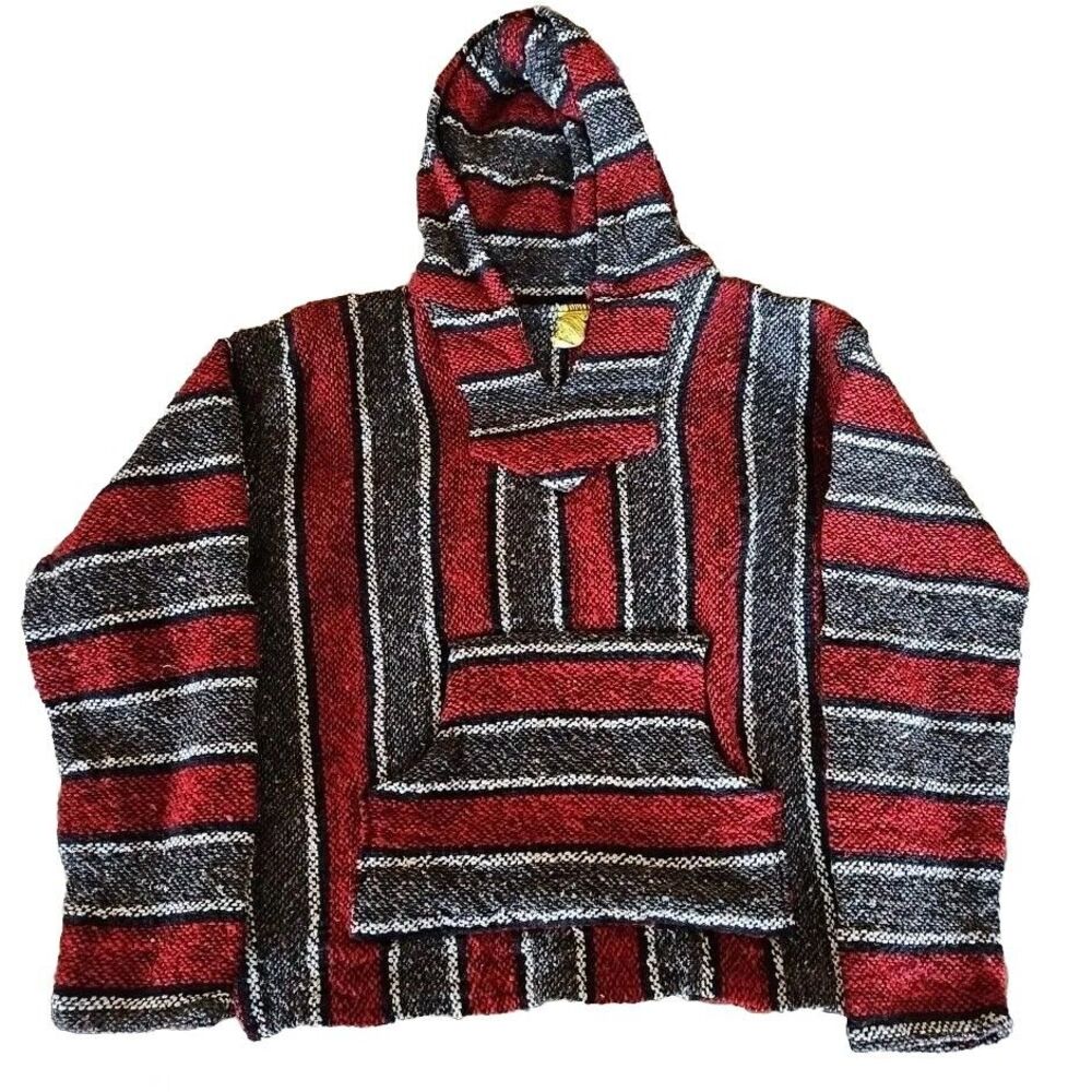 Franks Textiles Baja Hoodie Medium Mexican Blanket Drug Rug Red Gray Hippie Top